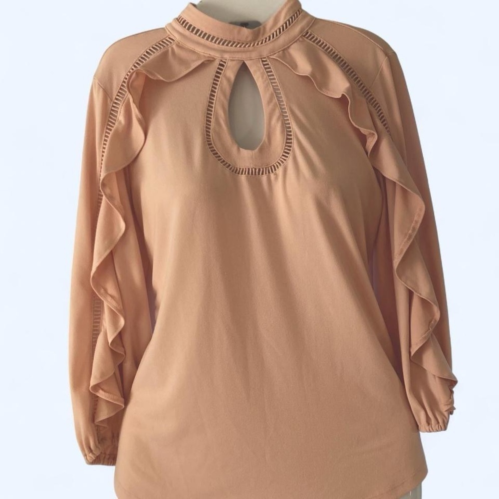 Pink 7 Avenue New York & Company Elegant Ruffle Blouse with Keyhole detail S